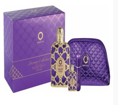 Estuche Orientica Velvet Gold Unisex 4PZS 80ml EDP + 10ml EDP + Atomizador + Cosmetiquera